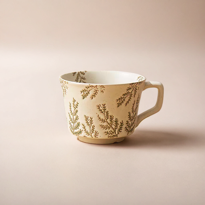 Elegant ceramic mug with hand-painted willow leaves, perfect for Nordic, Japandi, rustic homes.