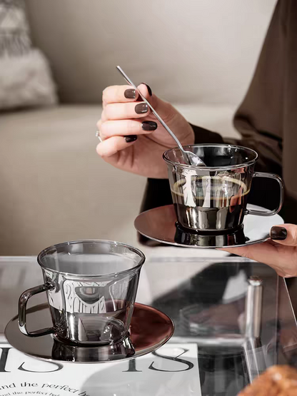 Exquisite silver glass coffee cup filled with coffee, perfect for morning coffee or afternoon tea.