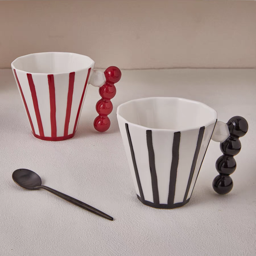 Creative Handle Design on Retro Striped Ceramic Mugs - Showcasing the black and red color options and high-quality ceramic construction for versatile use.